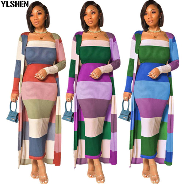 2 Piece Set Print Party Long Maxi Dress African Dresses For Women Plus Size Dashiki Stripe Robe Ladies Clothes African Clothing