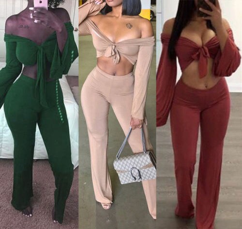 Women Ladies 2 Piece Crop Top Jumpsuit Long Sleeve Cut Out Playsuit Tracksuit Womens Lady Sexy Brief Jumpsuits Two Pieces
