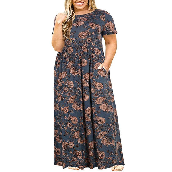 Big size dress women summer large size short sleeve print wear-resistant long dress plus size fat MM women clothing maxi dress