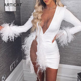 Articat Sexy See Through Sequin Mesh Patchwork Dresses Women Deep V White Feather Mini Party Dress Ladies Nightclub Vestidos