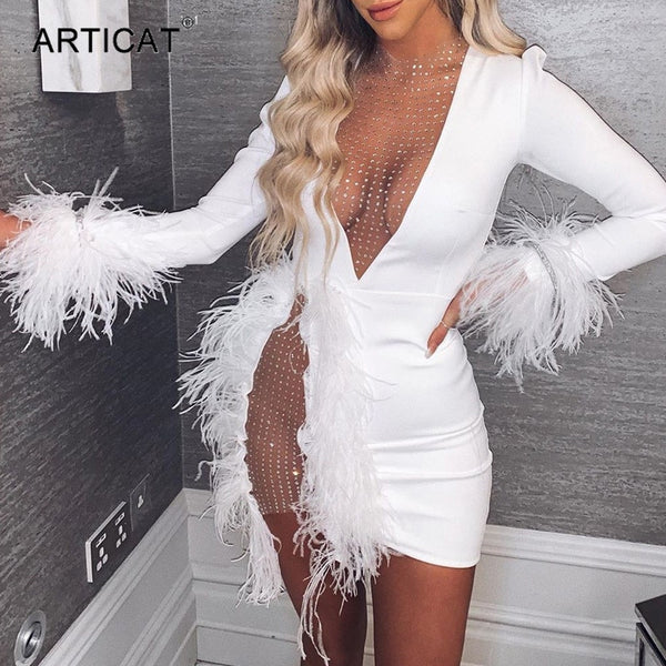 Articat Sexy See Through Sequin Mesh Patchwork Dresses Women Deep V White Feather Mini Party Dress Ladies Nightclub Vestidos