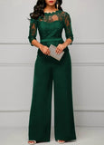 Elegant Sexy Jumpsuits Women Long Sleeve Lace Patchwork Jumpsuit Loose Trousers Wide Leg Pants Rompers Holiday Black Overalls