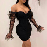 Articat Sexy Mesh Puff Sleeve Party Dress Women Low Collar Backless Patchwork Red Mini Dress Nightclub 2020 Spring Vestidos