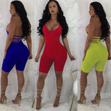 Womwen Sexy Sleeveless Strap V-neck Stretch Jumpsuit Romper Short Biker Shorts Bodysuit Leotard Backless Hollow Out Bodysuit Hot