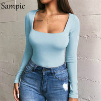 Sampic Sexy Long Sleeve Bodysuit Casual Elastic Body Women Autumn Bodysuit White Black Yellow Red Summer Romper Womens Bodysuits