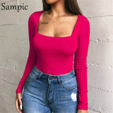 Sampic Sexy Long Sleeve Bodysuit Casual Elastic Body Women Autumn Bodysuit White Black Yellow Red Summer Romper Womens Bodysuits