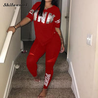 Women Set PINK Letter Print Sweatsuit Women Casual Plus Size Tops Skinny Pants Sweat Suit Two Piece Tracksuit 2 Piece Set S-XXXL