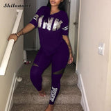 Women Set PINK Letter Print Sweatsuit Women Casual Plus Size Tops Skinny Pants Sweat Suit Two Piece Tracksuit 2 Piece Set S-XXXL
