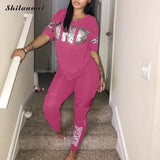 Women Set PINK Letter Print Sweatsuit Women Casual Plus Size Tops Skinny Pants Sweat Suit Two Piece Tracksuit 2 Piece Set S-XXXL
