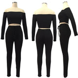 HAOYUAN Sexy Two Piece Jumpsuits Off Shoulder Long Sleeve Crop Top Bodysuit Casual Overalls Knit Bodycon Rompers Womens Jumpsuit