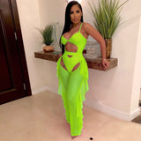 HAOYUAN Neon Two Piece Sexy Bodysuit Women Streetwear Overalls Rompers Top and Sheer Mesh Pants Boho Beach Club Bodycon Jumpsuit