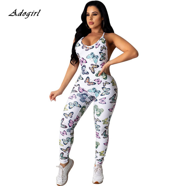 Elegant Butterfly Print Sexy Cross Spaghetti Strap Backless Rompers Women Jumpsuit Sleeveless Casual White Legging Jumpsuits