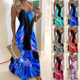 S-5XL Vintage Leaf Print Dress Sexy Spaghetti Strap V Neck Long Dress Women Summer Big Swing Beach Dresses Party Tunic