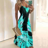 S-5XL Vintage Leaf Print Dress Sexy Spaghetti Strap V Neck Long Dress Women Summer Big Swing Beach Dresses Party Tunic