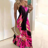 S-5XL Vintage Leaf Print Dress Sexy Spaghetti Strap V Neck Long Dress Women Summer Big Swing Beach Dresses Party Tunic