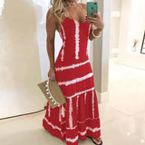 S-5XL Vintage Leaf Print Dress Sexy Spaghetti Strap V Neck Long Dress Women Summer Big Swing Beach Dresses Party Tunic