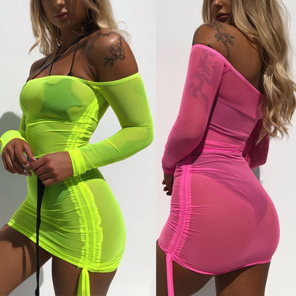 Autumn Long Sleeve Beach Style Neon Color Dress Sexy Mesh Sheer Bodycon Dress Womens Transparent See Through Mini Short Vestidos