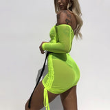 Autumn Long Sleeve Beach Style Neon Color Dress Sexy Mesh Sheer Bodycon Dress Womens Transparent See Through Mini Short Vestidos
