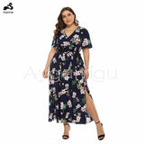 Aygaiyigu Women Clothing Big Size Summer Maxi Dress V-neck Short Sleeve Side Split Plus Size Floral Printed Dresses with Sashes