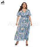 Aygaiyigu Women Clothing Big Size Summer Maxi Dress V-neck Short Sleeve Side Split Plus Size Floral Printed Dresses with Sashes