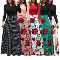 2020 Women Plus Size Bohemian Long Sleeve Maxi Dress Color Block Polka Dot Floral Patchwork Bodycon Empire Waist Vintage S-5XL