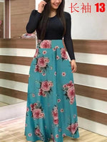 2020 Women Plus Size Bohemian Long Sleeve Maxi Dress Color Block Polka Dot Floral Patchwork Bodycon Empire Waist Vintage S-5XL