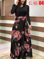 2020 Women Plus Size Bohemian Long Sleeve Maxi Dress Color Block Polka Dot Floral Patchwork Bodycon Empire Waist Vintage S-5XL