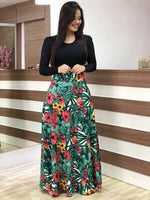 2020 Women Plus Size Bohemian Long Sleeve Maxi Dress Color Block Polka Dot Floral Patchwork Bodycon Empire Waist Vintage S-5XL