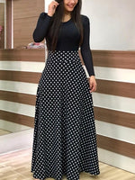 2020 Women Plus Size Bohemian Long Sleeve Maxi Dress Color Block Polka Dot Floral Patchwork Bodycon Empire Waist Vintage S-5XL