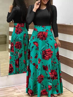 2020 Women Plus Size Bohemian Long Sleeve Maxi Dress Color Block Polka Dot Floral Patchwork Bodycon Empire Waist Vintage S-5XL