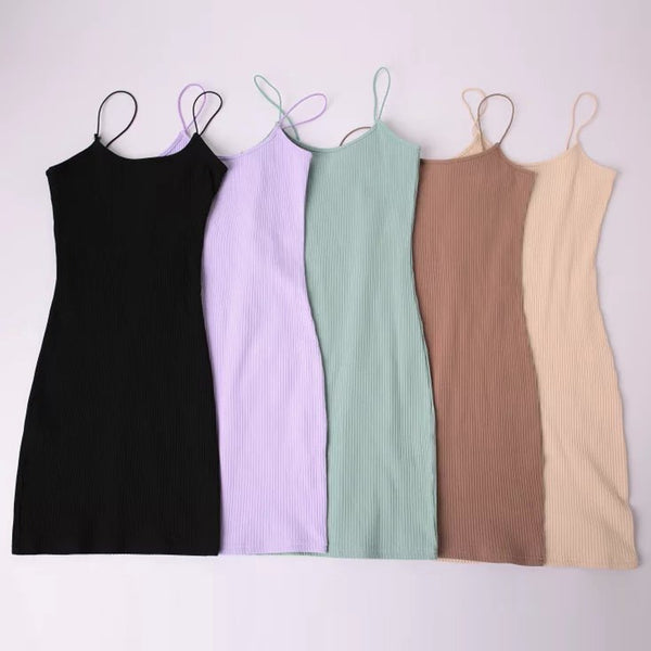 Sexy AA Style Brandy Melville Spaghetti Strap O-Neck Rubber Bodycon Slim Sheath Packege Hips Mini Dress Trendy Women 5 Colors