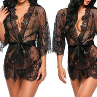 Sexy Women Lingerie Lace Night Dress Sleepwear Nightgown Bandage Deep V G-String See Through Sexy Sheer Sleep Dress 2019 Silky