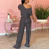 Women Causal Striped Short Sleeve Jumpsuit Plus Size Loose Fit Summer Long Pants Daily Overalls Comfy Jumpsuit