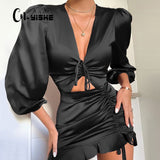CNYISHE Sexy Deep V-neck Party Dress Women Satin Lace Up Ruffles Holow Out Ruched Dress Female Vestido Elegant Slim Mini Dresses