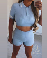 Knitting Ribbed Fashion Women Two Piece Sets Short Sleeve Casual Bodycon Outfits Button Crop Top And Skirt Co-ord Set