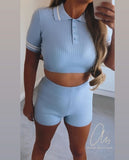 Knitting Ribbed Fashion Women Two Piece Sets Short Sleeve Casual Bodycon Outfits Button Crop Top And Skirt Co-ord Set
