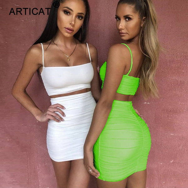 Articat Spaghetti Strap Two Piece Dress Women Ruched Pleated Bodycon Dress Short Strapless Summer Casual Party Dress Vestidos
