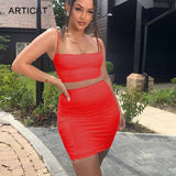 Articat Spaghetti Strap Two Piece Dress Women Ruched Pleated Bodycon Dress Short Strapless Summer Casual Party Dress Vestidos