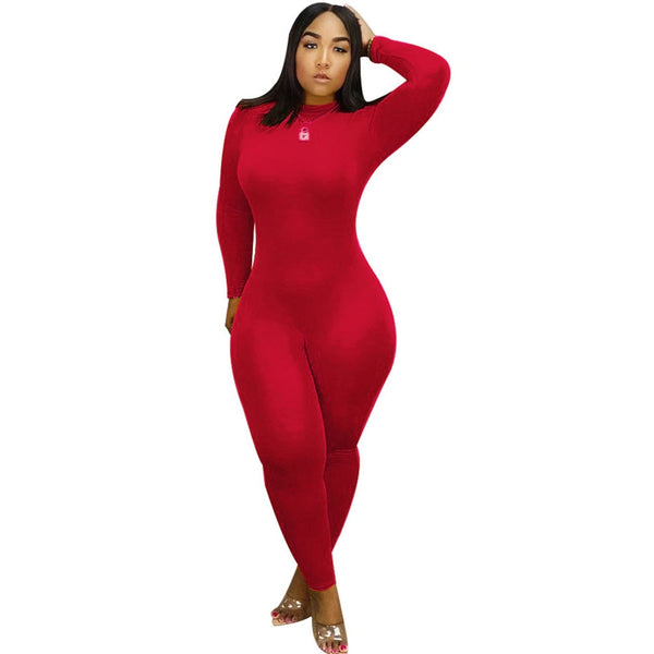Long Sleeve Tight Bodycon Jumpsuit for Women Stand Collar Solid Sportswear Casual One Piece Outfits Fitness Rompers and Overalls