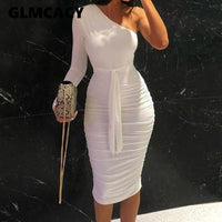 Women Elegant Fashion Sexy White Cocktail Party Slim Fit Dresses One Shoulder Belted Ruched Design Bodycon Midi Dress