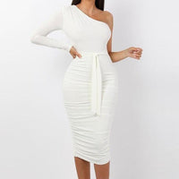 Women Elegant Fashion Sexy White Cocktail Party Slim Fit Dresses One Shoulder Belted Ruched Design Bodycon Midi Dress