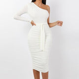 Women Elegant Fashion Sexy White Cocktail Party Slim Fit Dresses One Shoulder Belted Ruched Design Bodycon Midi Dress