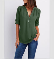 Big Size 4XL 5xl Women chiffon Tshirt V-neck Zipper irregular Loose Casual T shirts Spring Summer Plus size Sexy Tops Tee shirts