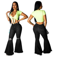 Tsuretobe Fashion Denim Flare Pants Women Retro Ripped Jeans Wide Leg Trousers Lady Casual Bell-Bottoms Flare Pant Female