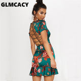 Women Green Criss Cross Back Frill Hem Shift Dress Streetwear Sheath Flora Print Short Sleeve Above Knee Mini Summer Party Dress