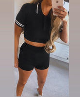 Knitting Ribbed Fashion Women Two Piece Sets Short Sleeve Casual Bodycon Outfits Button Crop Top And Skirt Co-ord Set