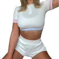 Knitting Ribbed Fashion Women Two Piece Sets Short Sleeve Casual Bodycon Outfits Button Crop Top And Skirt Co-ord Set