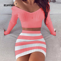 Women Dress Sets Fashion Slash Neck Striped Knitted Ladies Dresses 2020 Spring Summer Long Sleeve Slim Fit Bodycon Party Dress