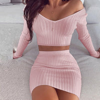 Women Dress Sets Fashion Slash Neck Striped Knitted Ladies Dresses 2020 Spring Summer Long Sleeve Slim Fit Bodycon Party Dress