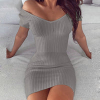 Women Dress Sets Fashion Slash Neck Striped Knitted Ladies Dresses 2020 Spring Summer Long Sleeve Slim Fit Bodycon Party Dress